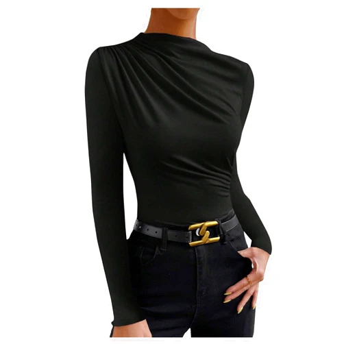 SweatyRocks Women's Ruched Long Sleeve Shirts Mock Neck Fitted T Shirts Basic Tops