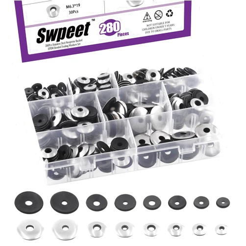 Swpeet 280Pcs 8 Sizes #8#10#12#14 Stainless Steel Neoprene EPDM Bonded Sealing Washers Gasket Assortment Kit, Rubber Bonded Sealing Washers for 8# 10# 12# 14# Screws