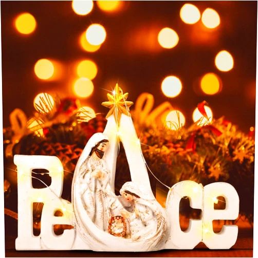 Soaoo Christmas Nativity Scene with LED String Lights Nativity Figure Set Holy Family Manger Christmas Decoration Light up Decor for Indoor Tabletop Mantle Fireplace(Peace)
