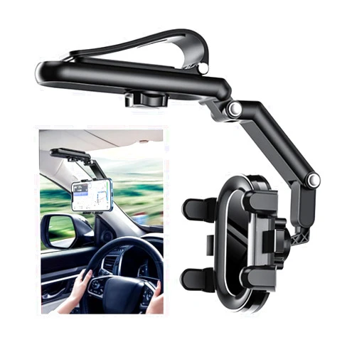 GLSOWEE Sun Visor Car Phone Holder, Multifunctional Adjustable Rearview Mirror Cell Phone Holder for Car Home Kitchen, 360° Rotatable and Retractable Car Phone Mount Compatible with Most Cell Phones (Black)