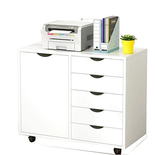 LERIJN 5-Drawer Wood Dresser Chest with Door, Mobile Storage Cabinet, Printer Stand for Home Office (White)