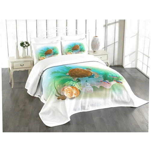 Ambesonne Ocean Bedspread Set, Sea Turtle Swims in The Ocean Tropical Underwater World Aquarium Illustration Print, 3 Piece Decorative Bedding Coverlet and 2 Pillow Shams, Queen Size, Green Brown