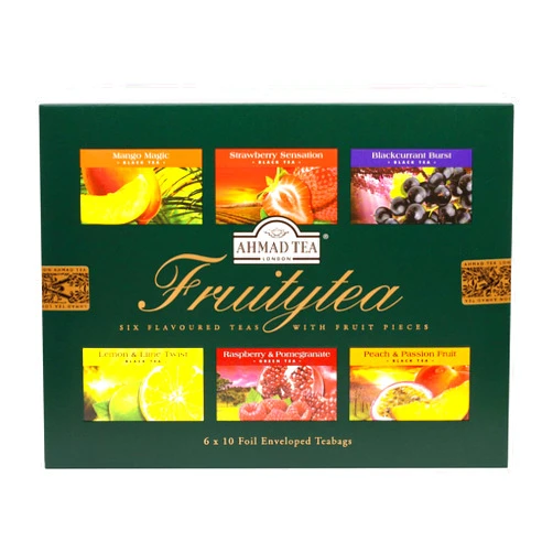 Ahmad Tea Black & Green Tea, Fruitytea Assorted Sampler Variety Gift Box, 60 Foil Teabags - Caffeinated & Sugar-Free