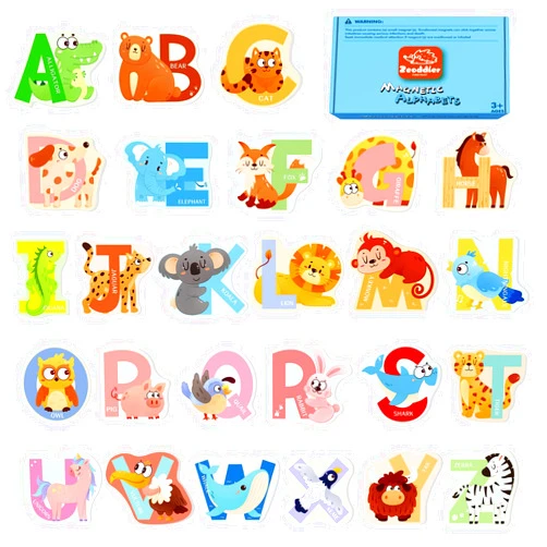 Zeoddler Jumbo Wooden Alphabet Magnets for Toddlers Fridge Thick Animal ABC Magnetic Letters 26 Uppercase Letters Preschool Learning Activities, Spelling Gift for Boys, Girls