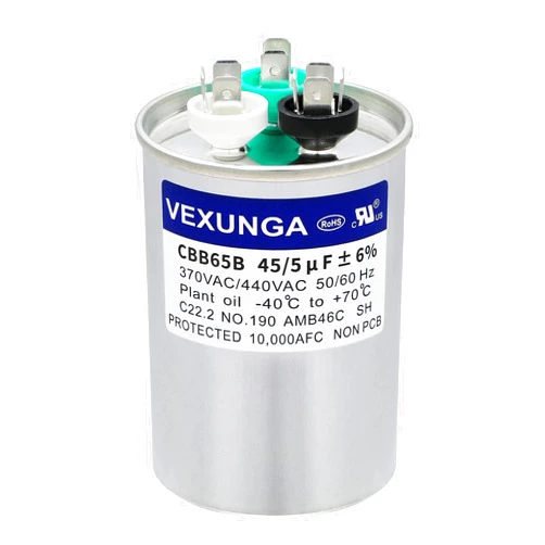 VEXUNGA 45/5 uF 45+5 MFD 370V or 440V Dual Run Start Round A/C Capacitor 45 5 uF 370 440 Volt VAC CBB65B Air Conditioner Capacitors for AC Unit Fan Motor Start or Heat Pump or Condenser Straight Cool