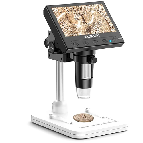 Elikliv Microscope, LCD Digital Coin Microscope 1000x, Coin Magnifier with 8 Adjustable LED Lights, PC View Compatible with Windows/MacBook, EDM4, 4.3 Inch