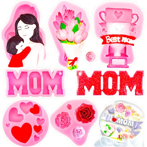JJzxwish 6Pcs Mother's Day Fondant Mold Mom Word Silicon Mold Best Mom Chocolate Mold Rose Tulip Flower Heart Shape Molds Mother Candy Silicone Mould Baking Supplies for Cupcake Desserts Decor
