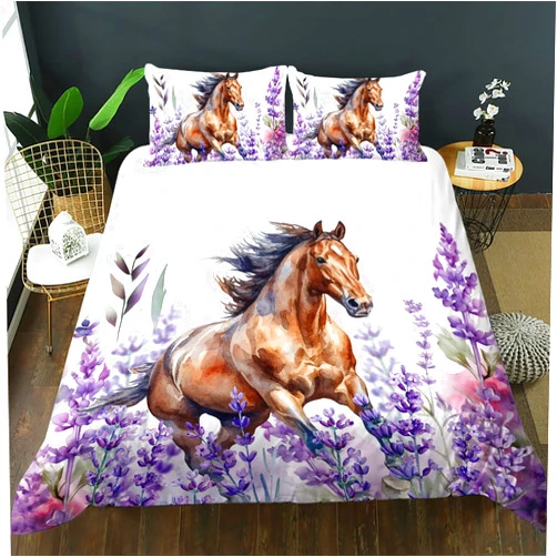 AILONEN Horse Duvet Cover Queen Size, Galloping Horse Bedding Set for Boys Girls Kids,Lavender Flowers Comforter Cover 3PCS,1 Quilt Cover and 2 Pillowcases,Soft Microfiber