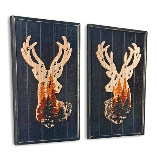 WAIU Cabin Wall Decor, Decorative Deer Wood Framed Forest Mountain Woodland Wildlife Lodge Elk Animal Picture Art Print Wall Decor, 10 x 14 Inches Set of 2