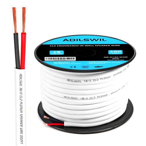 ADILSWIL in Wall Speaker Wire Cable 18 Gauge 100FT 18/2 AWG CCA 2 Conductor Red and Black Wire with White Jacket Low Voltage Wires DC Electrical Wire ETL CL2 Rated for Hookup and Extension