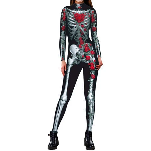 ALBIZIA Women's Skull Skeleton Halloween Costume Jumpsuit Bodysuit Cosplay Bodysuit Outfit
