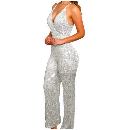 tuduoms Women Elegant Sequin Tank Jumpsuit Spaghetti Straps Wrap V Neck Backless Wide-Leg Cocktail Party Long Romper Bodysuit