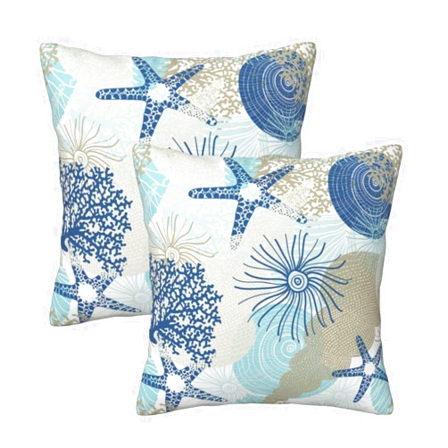 Poream Beach Ocean Starfish Seashell Nautical Coastal Farmhouse Throw Pillow Covers 18x18 Pillow Case Soft Pillowcase Cushion Covers Set of 2 for Sofa Bed Bedroom Car Chair Living Room Home Decor