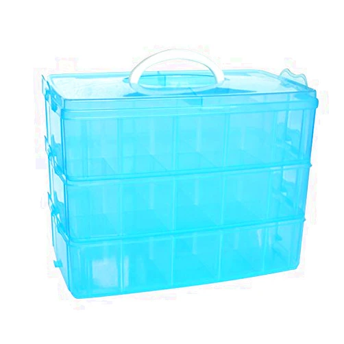 Kamay's Extra Large 3 Tier Stackable Adjustable Compartment Slot Bead Craft Jewellery Tool Storage Organiser Snap-lock Tray Container, with 30 Compartments, Container Box, Blue