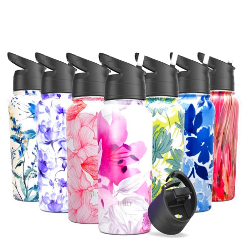 THILY Stainless Steel Water Bottle - 32 oz Vacuum Insulated Sports Flask with 2 Lids and Straws, Leakproof and BPA-Free. Keep Drinks Hot for 12 Hours or Cold for 36 Hours. Elegant Lotus Design.