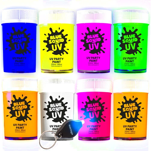 Blue Squid UV Body Paint - Glow in the Dark Body Paint, Neon Face Paint for Glow Party Accessories - Safe, Non-Toxic Black Light Glow Makeup for Adults & Kids, Multicolor 8 x Pots with Mini UV Light