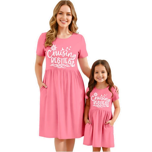 NEWKA Mommy and Me Dresses with Pockets Best Friends 'Besties' Graphic Matching Short Sleeve Dress Gifts for Womens Girls