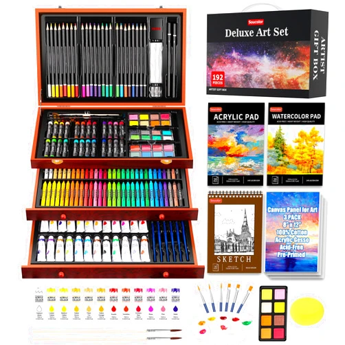 Soucolor Art Supplies, 192-Pack Deluxe Art Set Drawing Painting Supplies Art Kit with Acrylic Pad, Watercolor Pad, Sketch Book, Canvases, Acrylic Paint, Crayons, Pencils, Gifts for Artists Adults Kids