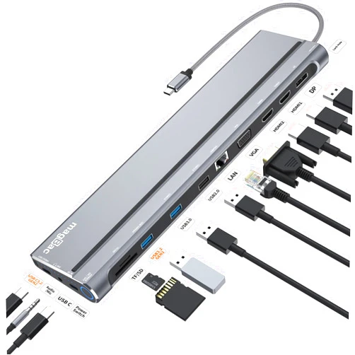 MagBac USB C Docking Station Dual Monitor, USB C Dock to Dual HDMI, Displayport, VGA, Ethernet, SD/TF Slots,3.5mm Audio, Power On/Off Button, Laptop Dock for Dell/HP/Lenovo/Macbook pro USB C Laptops