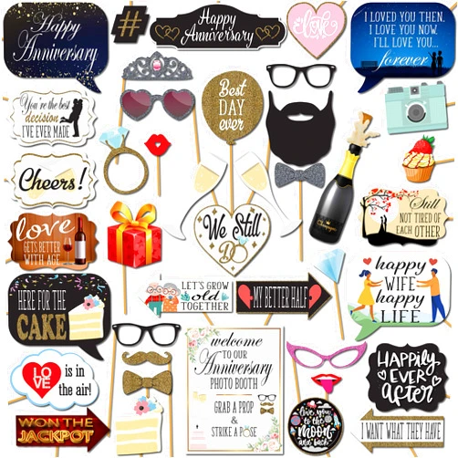 Outside The Booth Anniversary Photo Booth Props - 41-pc Photobooth Kit with 8 x 10-Inch Sign, 60 Adhesive Pads, 45 Sticks - Wedding Anniversary Photo Props - Wedding Photo Booth Props