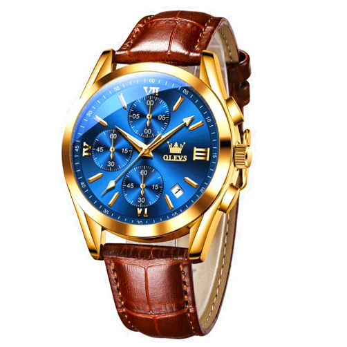 OLEVS Men's Casual Leather Watch, Big Face Chronograph Watch for Men, Fashion Easy to Read Dress Watch, Men's Waterproof Luminous Date Analog Watch, Gold/Black/White/Blue Dial