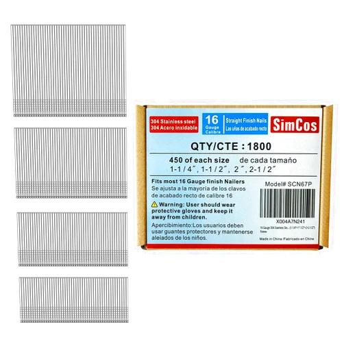 SimCos 16 Gauge 304 Stainless Steel Straight Finish Nails, Assorted Size Project Pack for Pneumatic, Electric Finish Nailer or Nail Gun (1-1/4