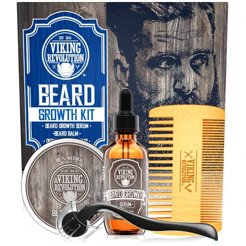 Viking Revolution Beard Growth Kit - Oil, Balm, Serum, Derma Roller & Wooden Comb for Beard & Mustache Growth