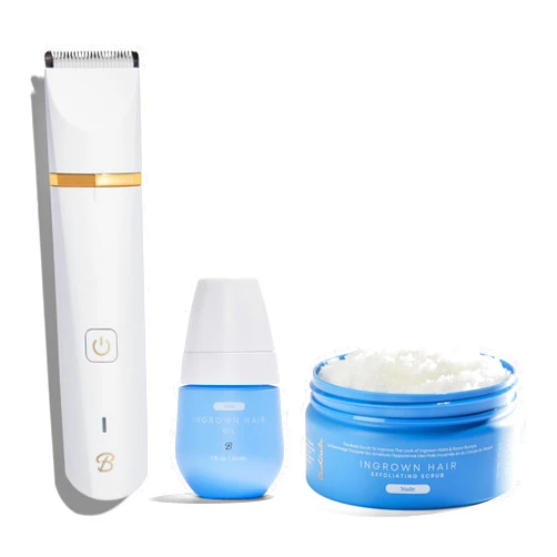 Bushbalm Nude Exfoliating Scrub (236 ml), Nude Ingrown Oil (30 ml), and Francesca Trimmer Electric Shaver - Routine for Ingrown Hair & Razor Bumps Prevention