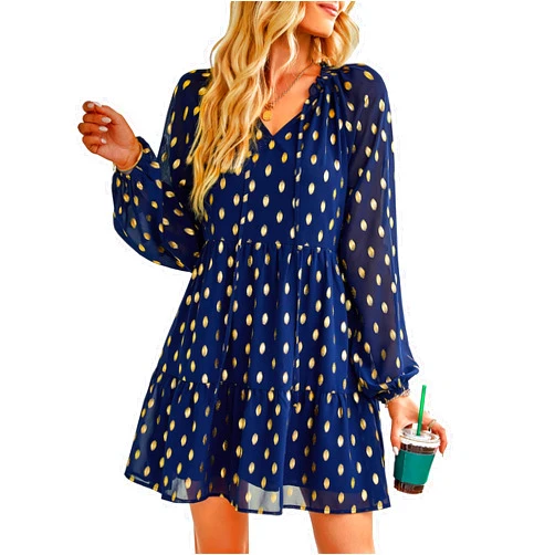 KIRUNDO Women 2024 Spring Summer Long Sleeve V Neck Ruffle Polka Dot Mini Dress Casual Loose Tiered Swing Tunic Dresses