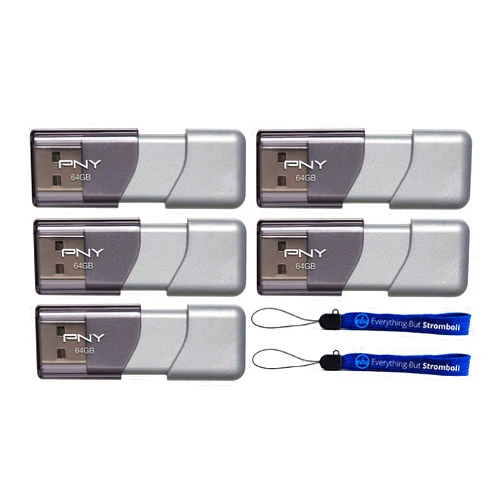 PNY 64GB USB 3.0 Flash Drive Elite Turbo Attache 3 (Five Pack) Model P-FD64GTBOP-GE Bundle with (2) Everything But Stromboli Lanyard