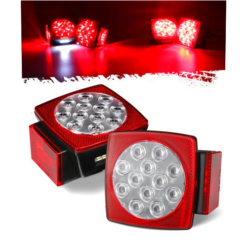 Partsam 12V Submersible Square Led Trailer Lights, Red White LED Stop Turn Tail License Side Marker Running Light Lamp for Trailers Under 80