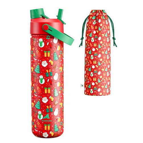 POWCAN 26 oz Christmas Insulated Water Bottle with 2-in-1 Straw and Spout Lid, Keep Cold 24H, Leak-Proof, Fits in Car Cup Holder, Stainless Steel Water Bottle for Gift, Party, Holiday (Santa's Jolly Crew)