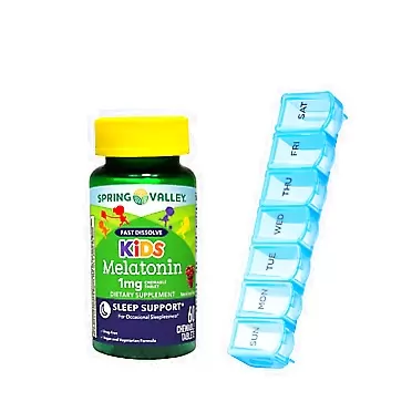 Generic Fast Dissolve Kids Melatonin Chewable Tablets, Grape Flavor, 1 mg, 60 Ct by Spring Valley + AM/PM Weekly Pill Box