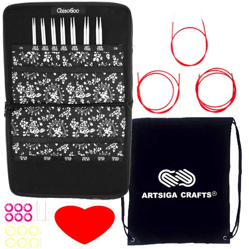 ChiaoGoo Twist Red Lace 5-Inch Small 7500-S Interchangeable Circular Knitting Needle Set, Sizes US 2, 3, 4, 5, 6, 7, 8, Stainless Steel with 3 Cords with Project Bag