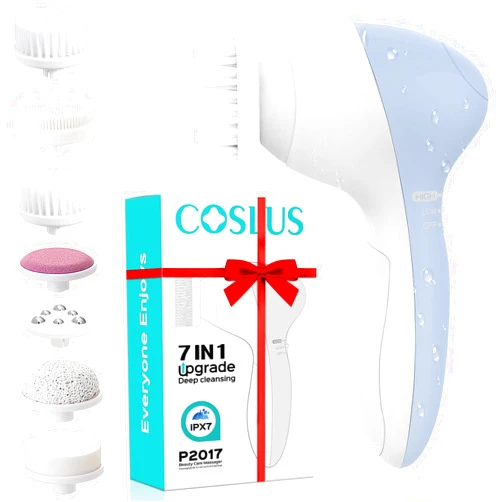COSLUS Facial Cleansing Brush Silicone Face Scrubber: 7 in 1 FBS-D Electric Exfoliating Rotating Massage Device Waterproof Deep Cleaning Exfoliation Spa Machine - Electronic Skin Care Wash System