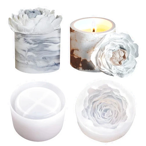 TECARATE Concrete Plaster Molds - Silicone Concrete Candle Jar Molds with Large Peony Flower Design, Includes Lids and Vessels for Candle Making