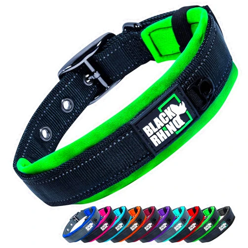 Black Rhino Dog Collar for Large Dogs - Adjustable Reflective Heavy Duty Dog Collars with Ultra-Soft Neoprene Padding - Weatherproof, Durable, and Comfortable for Active Dogs - Green and Black