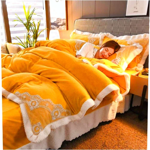 Geekcook 4 Piece Bedding Set,Sheet Winter Coral Fleece Four-Piece Flannel Duvet Cover Light Luxury Cute Style Single 2020-turmeric_2.0m Bed