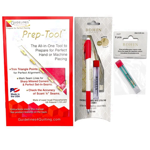 Guidelines4Quilting Sharp Mitered Corners Set -Easily Measure a Precise Scant 1/4 inch from The Quilt Top’s Edge with The Prep-Tool and Mark with a Bohin Pencil for Sharp Mitered Corners -Made in USA