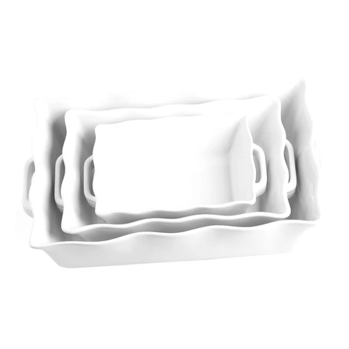 Sweejar Casserole Dishes for Oven, Ceramic Bakeware Set of 3, Rectangular Baking dish with Handles, Wave Edge Lasagna Pan Deep for Cooking, Cake, Dinner, Banquet and Daily Use (White)