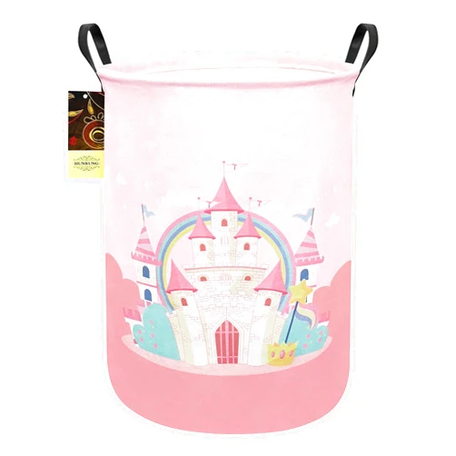 HUNRUNG Laundry Hamper,Large Canvas Fabric Lightweight Storage Basket Toy Organizer Dirty Clothes Collapsible Waterproof for College Dorms(Pink Castle)