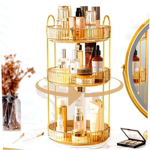 Weidace 360 Rotating Makeup Organizer for Vanity, Bathroom Countertop Organizer Spinning Perfume Organizer, High-Capacity Cosmetic and Skincare Dresser Make Up Holder Rack (3 Tiers, Gold)