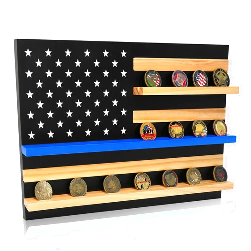 ASmileIndeep Solid Wood American Flag Challenge Coin Holder Wall Display Case, 3-Row Thin Blue Line Rack for 30 Military Coins, Ideal Shelf for Collectible Coins