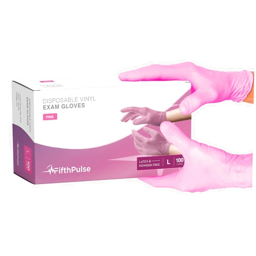 FifthPulse Pink Vinyl Disposable Gloves 100 Pack - Powder and Latex Free Medical Exam Gloves