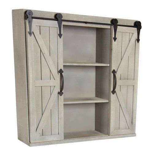 Kate and Laurel Cates Decorative Wood Wall Storage Cabinet with Two Sliding Barn Doors, Rustic Gray