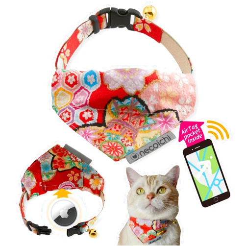 Necoichi Bandana Cat Collar with Air Tag Pocket (Blossoms Red) with bell safety breakaway soft lightweight for cats kitty kitten Japanese stylish pattern, No.1 Seller in Japan