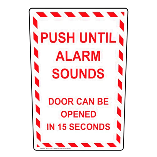 ComplianceSigns.com Vertical Push Until Alarm Sounds Door Can Be Opened in 15 Seconds Label Decal, 5x3.5 in. 4-Pack Vinyl for Enter/Exit