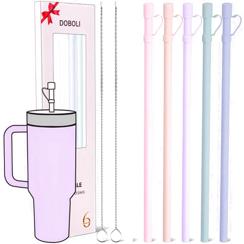 Doboli Replacement 12 inch Long Silicone Straw With Straw Cover,Compatible with Stanley Owala 40 oz 30 oz Cup Tumbler, 6 Pack Reusable Straw with Cleaning Brush,for Stanley Owala Tumbler Accessorie