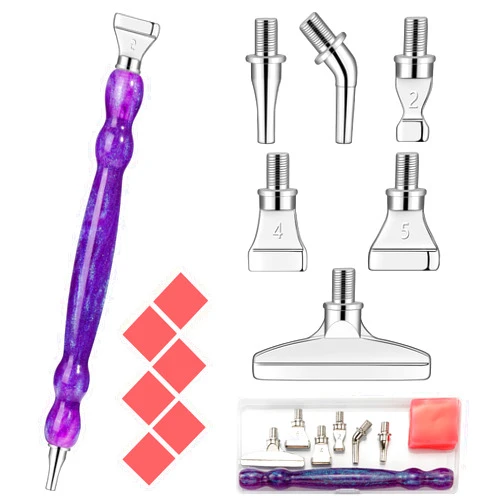 Snewvie Diamond Art Painting Pen Accessories Tools Set,1Pcs Ergonomic Resin Diamond Drill Pen and 6Pcs Silver Stainless Steel Metal Screw Thread Multi Placer Tips and 6 Glue Clay(Puple)
