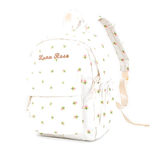 MT WORLD Floral Toddler Backpack Personalized Daycare Backpack Little Girls Daypack with Flower Custom Bookbag Gifts with Embroidered Name for School Overnigtht Daily Activities (White)